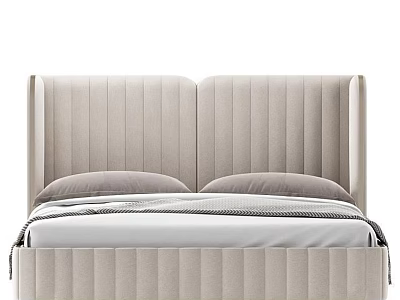 Beige Wingback Upholstered Double Bed With Stitched Detail And Soft Bed Linen 3d model