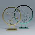 Ornament Decoration Set with Circular Frames Branch Bird Designs Gold and Green