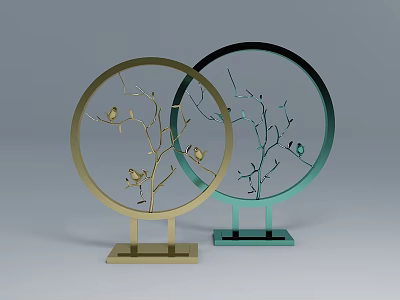 Ornament Decoration Set with Circular Frames Branch Bird Designs Gold and Green 3d model