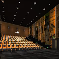 Modern Cinema Interior With Yellow Seats Large Screen Decorated Walls And Ceiling Lights