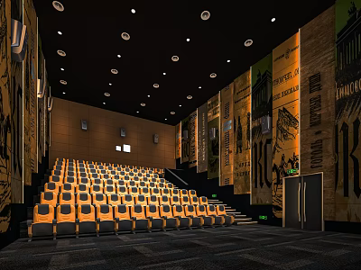 Modern Cinema Interior With Yellow Seats Large Screen Decorated Walls And Ceiling Lights 3d model