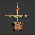 Wooden Model Sailing Ship With Mast Black Yellow Flags And Decorative Design