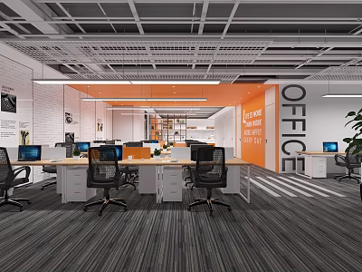Modern Public Office Space With Open Layout Desks Chairs Orange Walls Gray Carpet And Plants 3d model