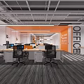 Modern Public Office Space With Open Layout Desks Chairs Orange Walls Gray Carpet And Plants