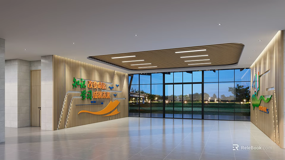 Modern Hotel Front Desk Reception With Large Windows Lighting And Marble Floor 3d model