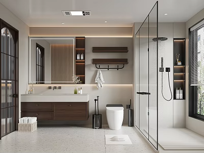 Modern Bathroom Interior With Wooden Vanity Large Mirror Glass Shower And White Toilet 3d model