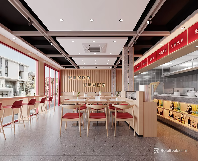 Modern Restaurant Interior With Open Kitchen Wooden Tables Chairs Red Decor And Glass Windows 3d model 