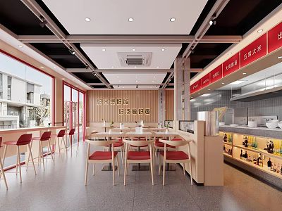 Modern Restaurant Interior With Open Kitchen Wooden Tables Chairs Red Decor And Glass Windows 3d model