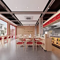 Modern Restaurant Interior With Open Kitchen Wooden Tables Chairs Red Decor And Glass Windows