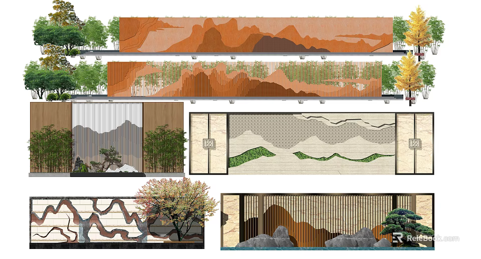 Elegant Landscape Wall Design With Mountain Patterns Wooden Slats Green Plants And Stone Accents 3d model 