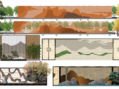 Elegant Landscape Wall Design With Mountain Patterns Wooden Slats Green Plants And Stone Accents 3d model