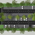 Aerial View Of Organized Parking Lot With Parked Cars Green Trees And Paved Lanes
