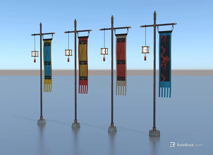 Decorative Ornament Set with Lamp Post Design Colorful Banners and Hanging Lanterns 3d model 