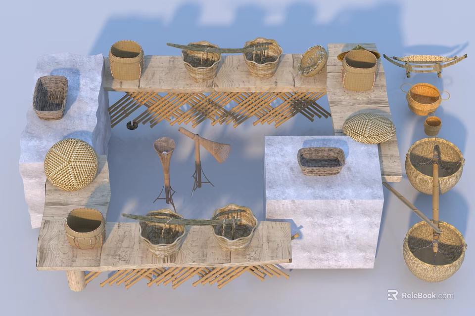 Rustic Wooden Display Shelves Showcasing Bamboo Woven Baskets Hats and Handicrafts 3d model 