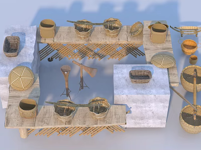 Rustic Wooden Display Shelves Showcasing Bamboo Woven Baskets Hats and Handicrafts 3d model