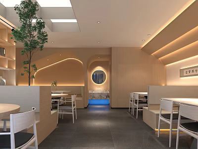 Warm Toned Restaurant Interior Featuring Wooden Decor Curved Design Booth Seating And Indoor Plants 3d model