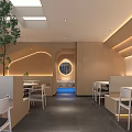 Warm Toned Restaurant Interior Featuring Wooden Decor Curved Design Booth Seating And Indoor Plants