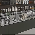 Modern Kitchen Appliances Including Coffee Maker Kettle with Green Cabinets and Cups Jars on Shelf 3d model