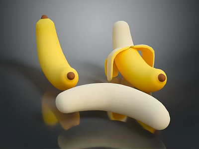 Fresh Yellow Bananas With Whole Peeled Fruit And Banana Peel On Shiny Surface 3d model