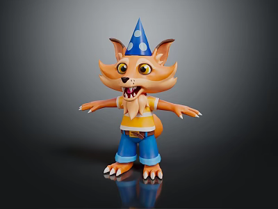Cheerful Fox Game Movie Character With Striped Shirt Blue Pants And Blue Party Hat In 3D Design 3d model