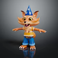 Cheerful Fox Game Movie Character With Striped Shirt Blue Pants And Blue Party Hat In 3D Design