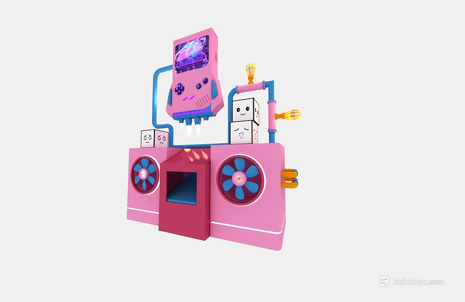 Pink Playful Structure With Game Console Fans And Cube Character 3d model