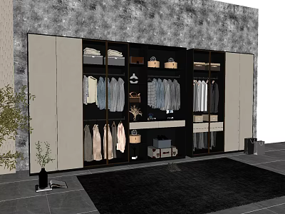 Modern Wardrobe Interior Design with Hanging Folded Clothes Storage Boxes and Light Doors 3d model