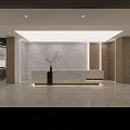 Modern Minimalist Office Reception Desk Design With Marble Counter And Wood Panel Accents Warm Lighting