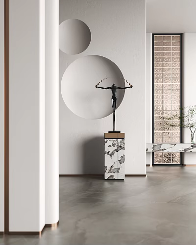 Elegant Human Sculpture With Carved Pedestal In Modern Interior Featuring Circular Wall Decor 3d model