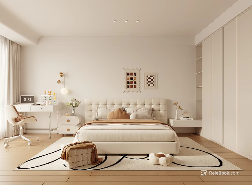 Minimalist Modern Bedroom Interior Design Featuring King Bed Writing Desk Wardrobe And Area Rug 3d model 
