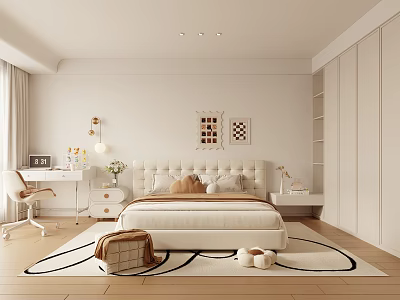 Minimalist Modern Bedroom Interior Design Featuring King Bed Writing Desk Wardrobe And Area Rug 3d model