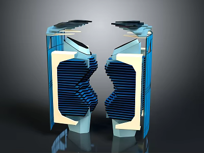 Blue And White Symmetrical Modern Architecture Landscape With Spread Apart Form Dark Background Reflections 3d model