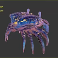 Vibrant Blue and Pink Aquatic Crab With Colorful Patterns Shiny Exoskeleton Against Dark Background