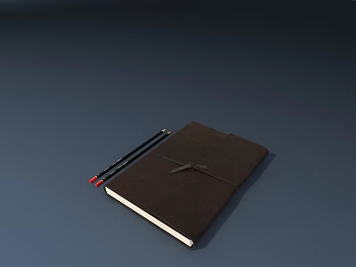 Classic Brown Leather Notebook With Two Pencils on Dark Background 3d model