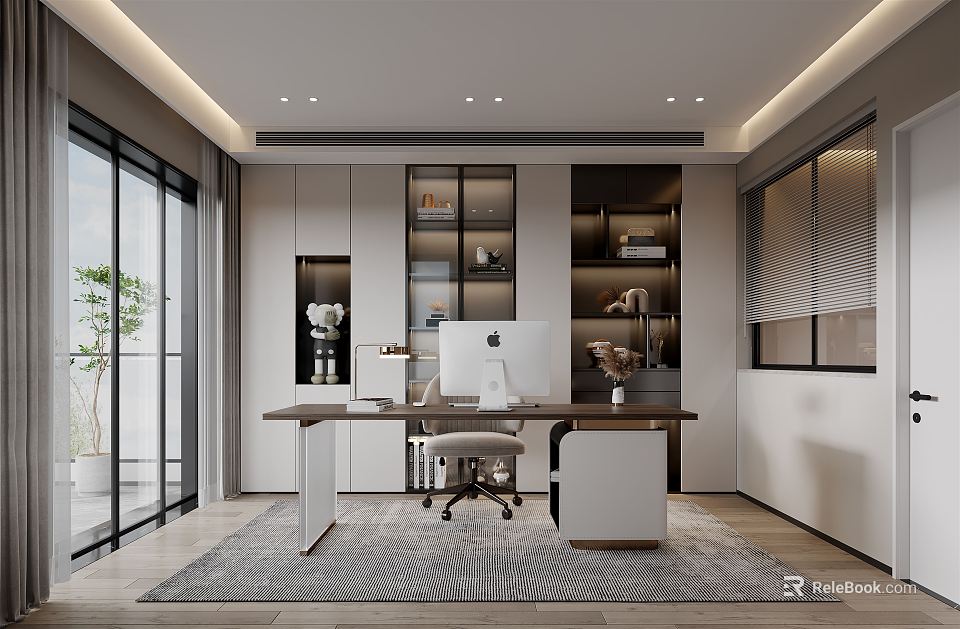 Modern Home Office Interior With Desk iMac Bookshelves Chair And Gray Rug 3d model 