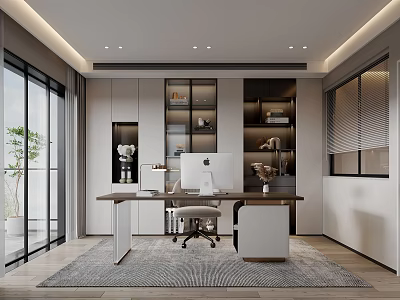 Modern Home Office Interior With Desk iMac Bookshelves Chair And Gray Rug 3d model