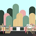 Children's Table In Colorful Kids Room With Arch Walls Chairs And Building Blocks