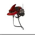 Red Mechanical Helmet With Antenna And Metal Straps On White Background