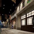 Ancient Chinese Commercial Street With Traditional Shops Signs And Stone Pavement