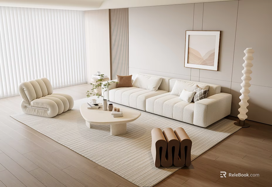 Modern Living Room Sofa and Coffee Table Set with Pillows Green Plants and Rug 3d model 