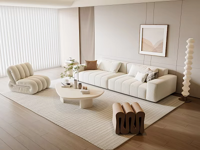 Modern Living Room Sofa and Coffee Table Set with Pillows Green Plants and Rug 3d model