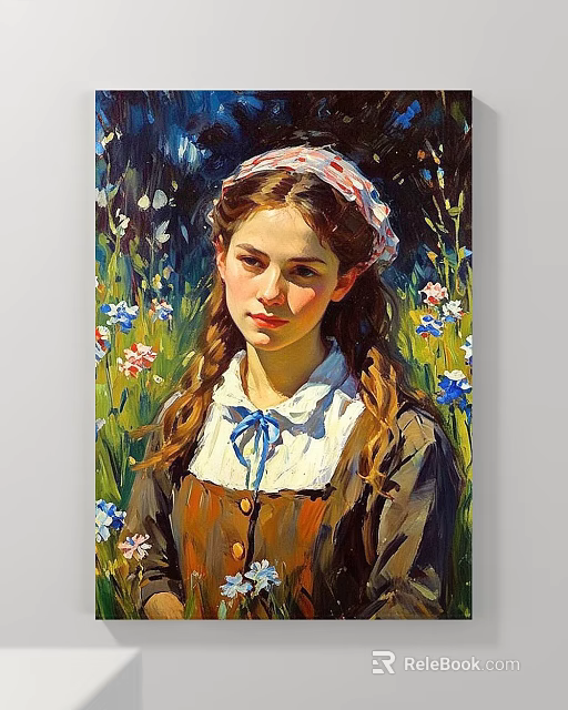 Oil Painting Style Portrait of Girl with Braided Hair and Floral Headscarf in Flower Field 3d model 