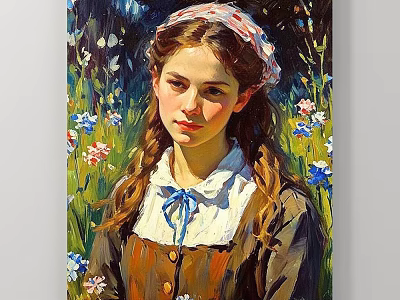 Oil Painting Style Portrait of Girl with Braided Hair and Floral Headscarf in Flower Field 3d model