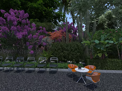 Garden Landscape With Purple Flowering Plants Lush Greenery Outdoor Chairs And Round Table 3d model