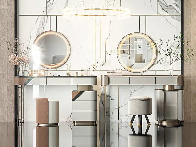 Modern Dressing Table With Marble Top Two Round Mirrors Circular Chandelier And Upholstered Stool 3d model