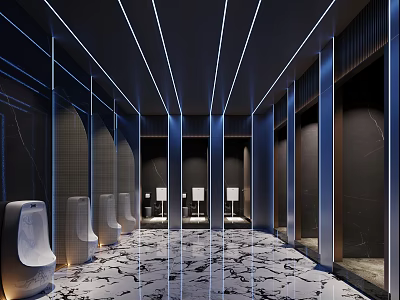 Modern Hotel Bathroom Interior With Marble Floor LED Strip Lighting And Mirror Walls 3d model