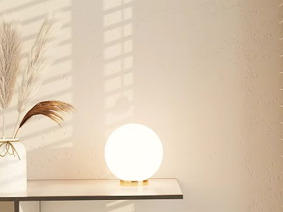 White Globe Table Lamp with Gold Base on Table Near Vase and Dried Grass 3d model