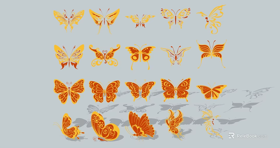 Golden Orange Butterfly Decorative Ornament Set With Various Artistic Patterns For Home Decoration 3d model 