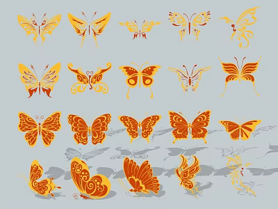 Golden Orange Butterfly Decorative Ornament Set With Various Artistic Patterns For Home Decoration 3d model