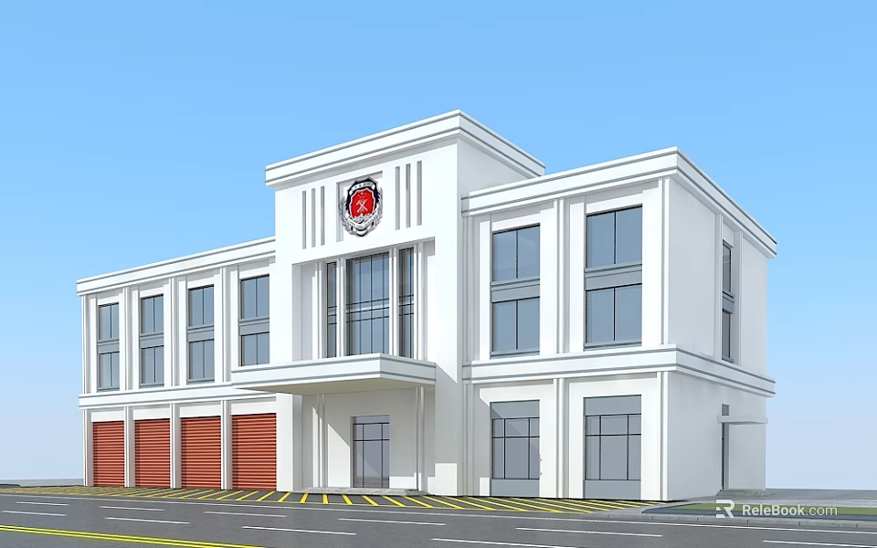 Modern Two Story White Fire Station Building With Multiple Garage Doors And Front Logo 3d model 